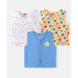 Babyhug 100% Cotton Woven Sleeveless Stars  Printed Jhabla Pack of 3 - White Yellow & Blue