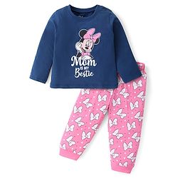 Babyhug Disney Cotton Knit Full Sleeves Night Suit With Minnie Mouse Graphics - Navy Blue & Pink