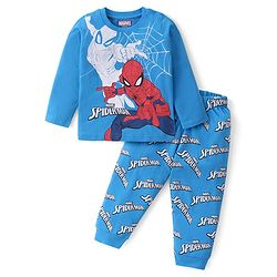 Babyhug Marvel Single Jersey Full Sleeves Pyjama Set With Spider Man Graphics - Blue