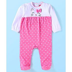 Babyhug Cotton Knit Full Sleeves Sleep Suit With Kitty & Heart Print & Bow Applique - Pink