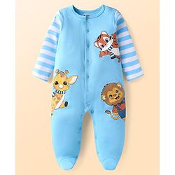 Babyhug Cotton Knit Full Sleeves Footed Sleep Suit With Animal Print- Light Blue