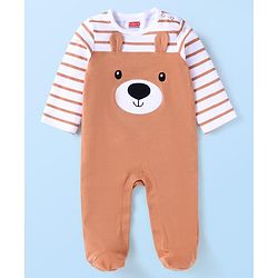 Babyhug Cotton Knit Full Sleeves Striped Sleep Suit With Teddy Bear Print & Ear Applique - Light Brown