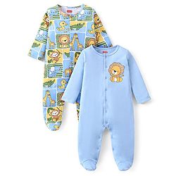 Babyhug Cotton Knit Full Sleeves Footed Sleep Suits with Animal Print Pack of 2 - Blue