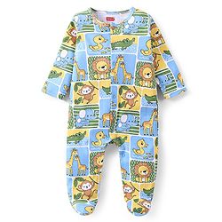Babyhug Cotton Knit Full Sleeves Footed Sleep Suits with Animal Print Pack of 2 - Blue
