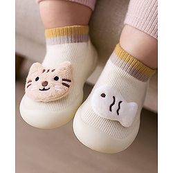 Cute Walk by Babyhug Cat & Fish Applique Slip On Sock Shoes- Beige