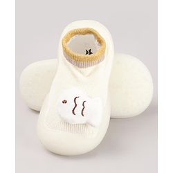 Cute Walk by Babyhug Cat & Fish Applique Slip On Sock Shoes- Beige