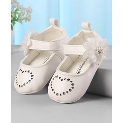 Cute Walk by Babyhug Velcro Closure Floral & Pearl Detailing Ballerina Booties - White