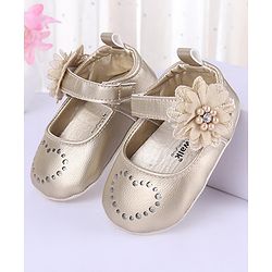 Cute Walk by Babyhug Velcro Closure Floral & Pearl Detailing Ballerina Booties - Gold