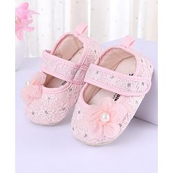 Cute Walk by Babyhug Velcro Closure Floral Embroiderer with Pearl Applique Ballerina Booties - Pink