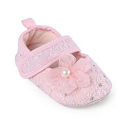 Cute Walk by Babyhug Velcro Closure Floral Embroiderer with Pearl Applique Ballerina Booties - Pink