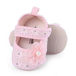 Cute Walk by Babyhug Velcro Closure Floral Embroiderer with Pearl Applique Ballerina Booties - Pink