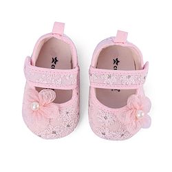 Cute Walk by Babyhug Velcro Closure Floral Embroiderer with Pearl Applique Ballerina Booties - Pink