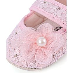 Cute Walk by Babyhug Velcro Closure Floral Embroiderer with Pearl Applique Ballerina Booties - Pink