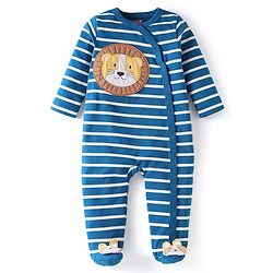 Babyhug Cotton Knit Full Sleeves Sleep Suit With Stripe Print &  Lion Applique - White & Blue