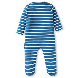 Babyhug Cotton Knit Full Sleeves Sleep Suit With Stripe Print &  Lion Applique - White & Blue