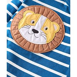 Babyhug Cotton Knit Full Sleeves Sleep Suit With Stripe Print &  Lion Applique - White & Blue