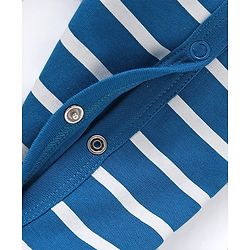 Babyhug Cotton Knit Full Sleeves Sleep Suit With Stripe Print &  Lion Applique - White & Blue
