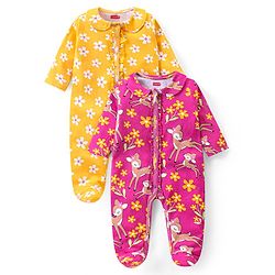 Babyhug Cotton Knit Full Sleeves Sleep Suit Floral & Deer Print Pack of 2 -Yellow & Pink