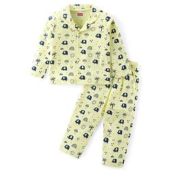 Babyhug Cotton Knit Full Sleeves Front Open Night Suit Elephant Print - Light Yellow