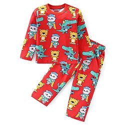 Babyhug Cotton Knit Full Sleeves Night Suit with Tiger & Panda Print - Red