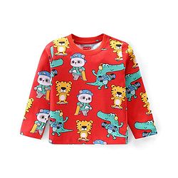 Babyhug Cotton Knit Full Sleeves Night Suit with Tiger & Panda Print - Red