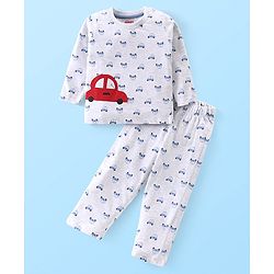 Babyhug Cotton Knit Full Sleeves Night Suit with Vehicle Print - Melange