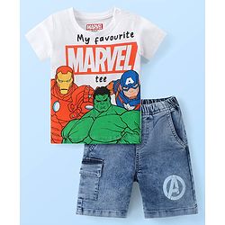 Babyhug Marvel Single Jersey Knit T-Shirt & Shorts Set With Avengers Graphic and Badge Detailing - Multicolour