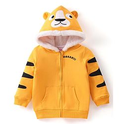 Babyhug Full Sleeve Front Open Hooded Sweat Jacket with Animal Print & Ears Applique - Yellow