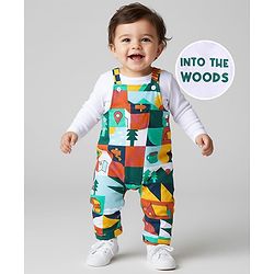 Babyhug Single Jersey Knit Full Sleeves Solid T-Shirt & Dungaree Style Romper with Jungle Theme Print - White & Green