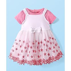 Babyhug Woven Half Sleeves Embroidered Stars Frock with T-Shirt - White & Pink