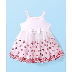 Babyhug Woven Half Sleeves Embroidered Stars Frock with T-Shirt - White & Pink