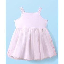 Babyhug Woven Half Sleeves Embroidered Stars Frock with T-Shirt - White & Pink