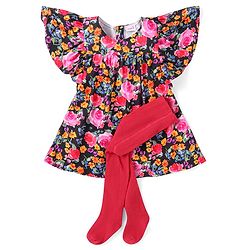 Babyhug Cotton Woven Floral Printed Fit & Flare Frock With Legging - Red