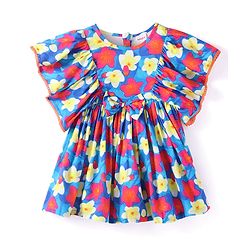 Babyhug Cotton Woven Flutter Sleeves Floral Printed Frock - Blue