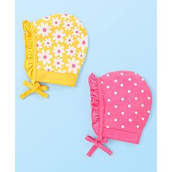 Babyhug 100% Cotton Knit Caps With Floral & Polka Dots Print Pack Of 2 - Yellow & Dark Pink
