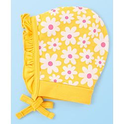 Babyhug 100% Cotton Knit Caps With Floral & Polka Dots Print Pack Of 2 - Yellow & Dark Pink