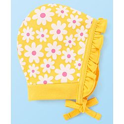 Babyhug 100% Cotton Knit Caps With Floral & Polka Dots Print Pack Of 2 - Yellow & Dark Pink