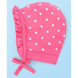 Babyhug 100% Cotton Knit Caps With Floral & Polka Dots Print Pack Of 2 - Yellow & Dark Pink