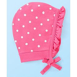 Babyhug 100% Cotton Knit Caps With Floral & Polka Dots Print Pack Of 2 - Yellow & Dark Pink