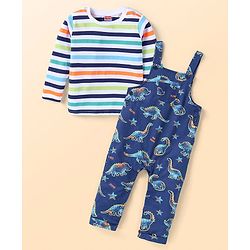 Babyhug Single Jersey Knit Full Sleeves Striped  T-Shirt & Dino Printed  Dungaree - Navy Blue