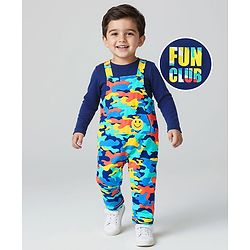 Babyhug Single Jersey Knit Full Sleeves Text & Camouflage Printed T-Shirt & Dungaree - Navy Blue