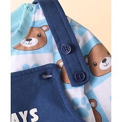 Babyhug Single Jersey Knit Dungaree & Full Sleeves T-Shirt With Teddy Bear Print - Navy Blue