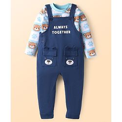 Babyhug Single Jersey Knit Dungaree & Full Sleeves T-Shirt With Teddy Bear Print - Navy Blue