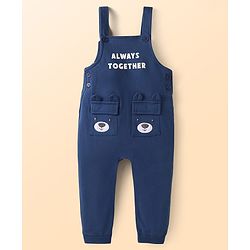 Babyhug Single Jersey Knit Dungaree & Full Sleeves T-Shirt With Teddy Bear Print - Navy Blue
