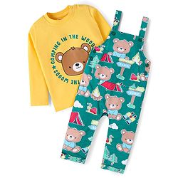 Babyhug Single Jersey Knit Full Sleeves Bear Printed T-Shirt & Dungaree Set - Yellow & Green