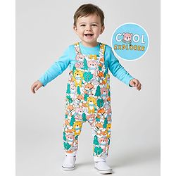 Babyhug Single Jersey Knit Full Sleeves Text & Animal Printed T-Shirt & Dungaree - Light Blue