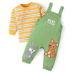 Babyhug Cotton Single Jersey Knit Full Sleeves Striped T-Shirt & Dungaree Set With Animal Print - Green