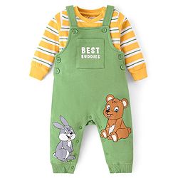 Babyhug Cotton Single Jersey Knit Full Sleeves Striped T-Shirt & Dungaree Set With Animal Print - Green