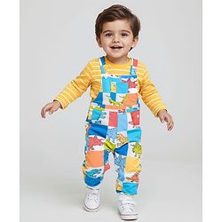 Babyhug Single Jersey Knit Dungaree and Full Sleeves Striped T-Shirt Set Dino Print - Yellow & Blue
