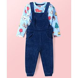 Babyhug Single Jersey Knit Full Sleeves Animal Printed T-Shirt & Dungaree - Navy Blue